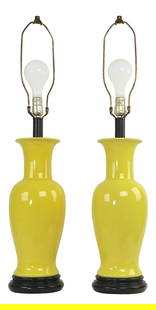 Vintage 1970s Yellow Ceramic Table Lamps by Warren Kessler - Pair 34" Height: Vintage 1970s Yellow Ceramic Table Lamps by Warren Kessler - Pair 34" Height Brighten up your space with this vibrant pair of 1970s ceramic table lamps in a cheerful yellow glaze. Attributed to Warren