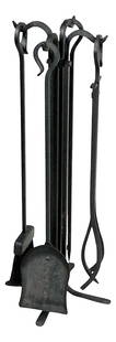 Vintage 5-Piece Hand Forged Iron Fireplace Tool Set: Vintage 5-Piece Hand Forged Iron Fireplace Tool Set Enhance your fireplace with this exquisite late 20th-century hand-forged iron fireplace tool set. This 5-piece collection includes a poker, shovel,