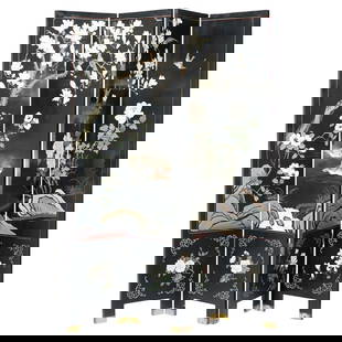 Ebonized Chinoiserie Four-Panel Landscape Screen 20th Century: Ebonized Chinoiserie Four-Panel Landscape Screen 20th Century This stunning ebonized Chinoiserie four-panel landscape screen showcases exquisite hand-painted details that depict a serene garden scene,