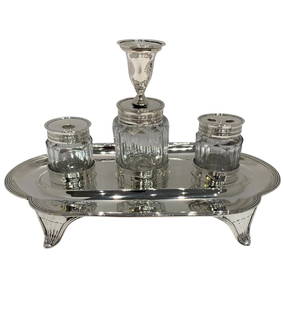 Antique 925 Sterling Silver Crystal Inkwell Set Handmade USA 400g: Antique 925 Sterling Silver Crystal Inkwell Set Handmade USA 400g This exquisite antique inkwell ink set is crafted from 925 sterling silver and features stunning crystal accents. The handmade design