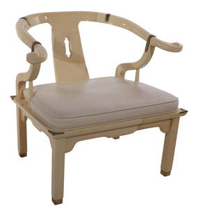 Cream Hollywood Regency Chinese Lounge Chair by Century Furniture 29.5" H: Cream Hollywood Regency Chinese Lounge Chair by Century Furniture 29.5" H This elegant Hollywood Regency Chinese style lounge chair, crafted by Century Chair Company, showcases a chic faux goatskin la