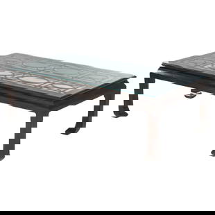 Vintage Chinese Mahogany Coffee Table with Beveled Glass Top C1920: Vintage Chinese Mahogany Coffee Table with Beveled Glass Top C1920 This exquisite antique Chinese mahogany coffee table, dating back to around 1920, features a stunning leaded beveled glass top that a