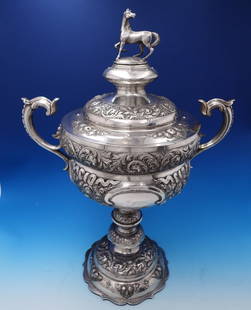 Victorian Sterling Silver Trophy by Martin Hall & Co 1886 with Horse Finial: Victorian Sterling Silver Trophy by Martin Hall & Co 1886 with Horse Finial This stunning English Victorian sterling silver trophy, crafted by Martin Hall & Co. in London circa 1886, features an impre