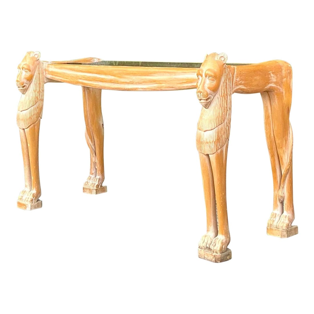 Vintage Boho Carved Lions Head Console Table Egyptian Revival Wood Glass: Vintage Boho Carved Lions Head Console Table Egyptian Revival Wood Glass Transform your living space with this exquisite Vintage Boho Carved Lions Head Console Table. This unique piece features a hand