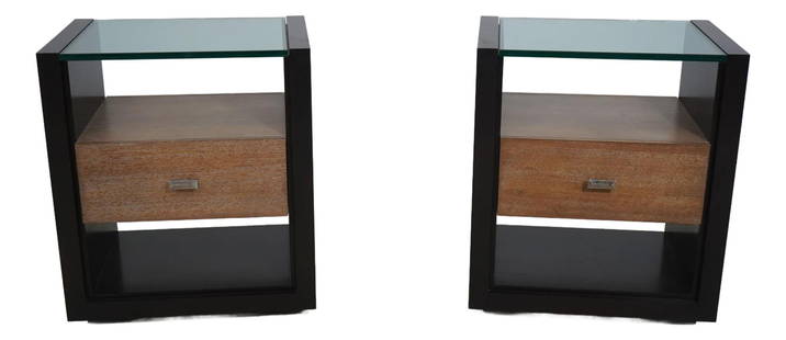 Elegant Pair of Century Modern Nightstands with Large Glass Tops 28w x 20d x 32h: Elegant Pair of Century Modern Nightstands with Large Glass Tops 28w x 20d x 32h Enhance your bedroom with this elegant pair of Century Modern design nightstands featuring large glass tops. Crafted wi