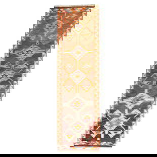 Vintage Turkish Kilim Runner 41 x 140 Hand-Knotted Wool: Vintage Turkish Kilim Runner 41 x 140 Hand-Knotted Wool Discover the exquisite beauty of this vintage Turkish geometric Kilim runner, characterized by its stunning designs and vibrant colors. This