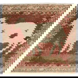 Hand-Knotted Vintage Turkish Goat Rug 30 x 33 Wool 1930s Adirondack Style: Hand-Knotted Vintage Turkish Goat Rug 30 x 33 Wool 1930s Adirondack Style This exquisite Brown Vintage Turkish Goat Rug showcases a charming pictorial design featuring a white goat set against a
