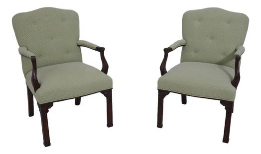 Edward Ferrell Chippendale Mahogany Library Chairs Pair: Edward Ferrell Chippendale Mahogany Library Chairs Pair This exquisite pair of Edward Ferrell Chippendale mahogany library chairs showcases fine carved details and high-quality construction, reflectin