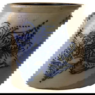 Signed Antique Stoneware Crock by Whites Utica NY C1890 Blue Floral Decoration: Signed Antique Stoneware Crock by Whites Utica NY C1890 Blue Floral Decoration This exquisite antique stoneware crock, crafted by Whites in Utica, NY around 1890, features beautiful blue floral decora