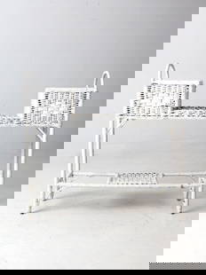 Antique White Wicker Planter Stand with Galvanized Tin Baskets: Antique White Wicker Planter Stand with Galvanized Tin Baskets This antique white wicker planter basket stand is a charming display piece for indoor or covered outdoor spaces. It features two woven to