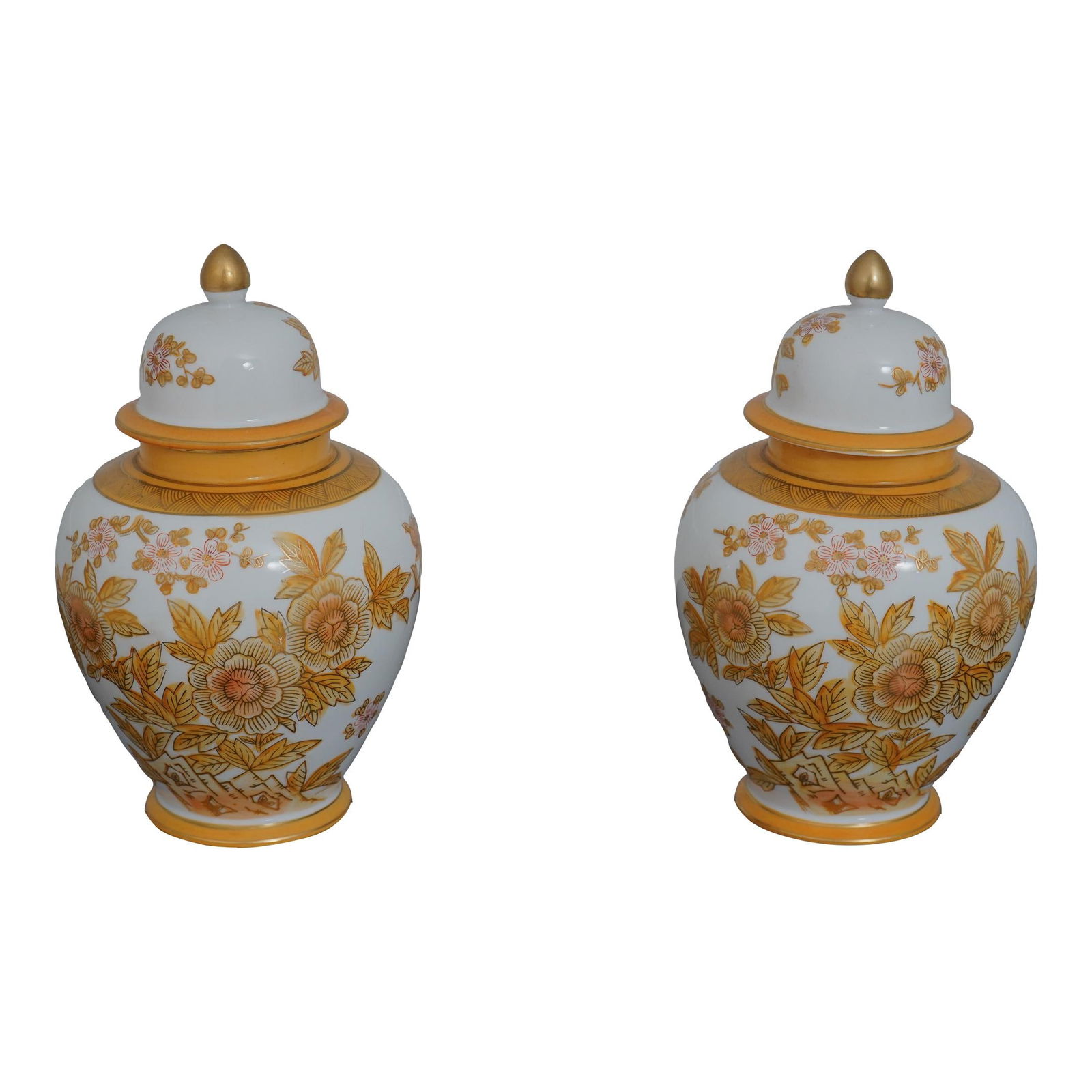 Elegant Yellow Floral Chinoiserie Lidded Ginger Jars 6x6x10: Elegant Yellow Floral Chinoiserie Lidded Ginger Jars 6x6x10 This exquisite pair of yellow Chinoiserie decorated lidded ginger jars showcases beautiful floral designs, adding a touch of elegance to any