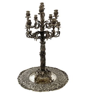 Italian 925 Sterling Silver 11 Light Candelabra & Tray Handmade Leaf Design: Italian 925 Sterling Silver 11 Light Candelabra & Tray Handmade Leaf Design This exquisite candelabra and tray set showcases fine Italian craftsmanship with its stunning handmade leaf applique and orn