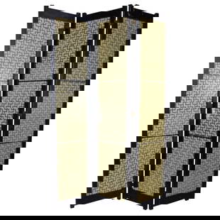 Vintage Tropicraft Black Wood Three Panel Folding Screen 84H x 48W: Vintage Tropicraft Black Wood Three Panel Folding Screen 84H x 48W Interesting and graphic three panel folding screen by Tropicraft of San Francisco. The outer frame is painted black wood, the inner d