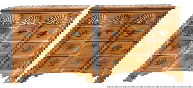 Charming Vintage Boho Pine Chests of Drawers Pair with Carved Shells: Charming Vintage Boho Pine Chests of Drawers Pair with Carved Shells Transform your living space with this exquisite pair of vintage boho pine chests of drawers. Each chest features beautifully carved
