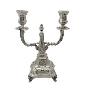 Ornate 2 Light Candelabra 925 Sterling Silver Handmade Leaf Design 9.5": Ornate 2 Light Candelabra 925 Sterling Silver Handmade Leaf Design 9.5" Illuminate your space with this exquisite 2 Light Candelabra, crafted from fine 925 sterling silver. This stunning piece feature