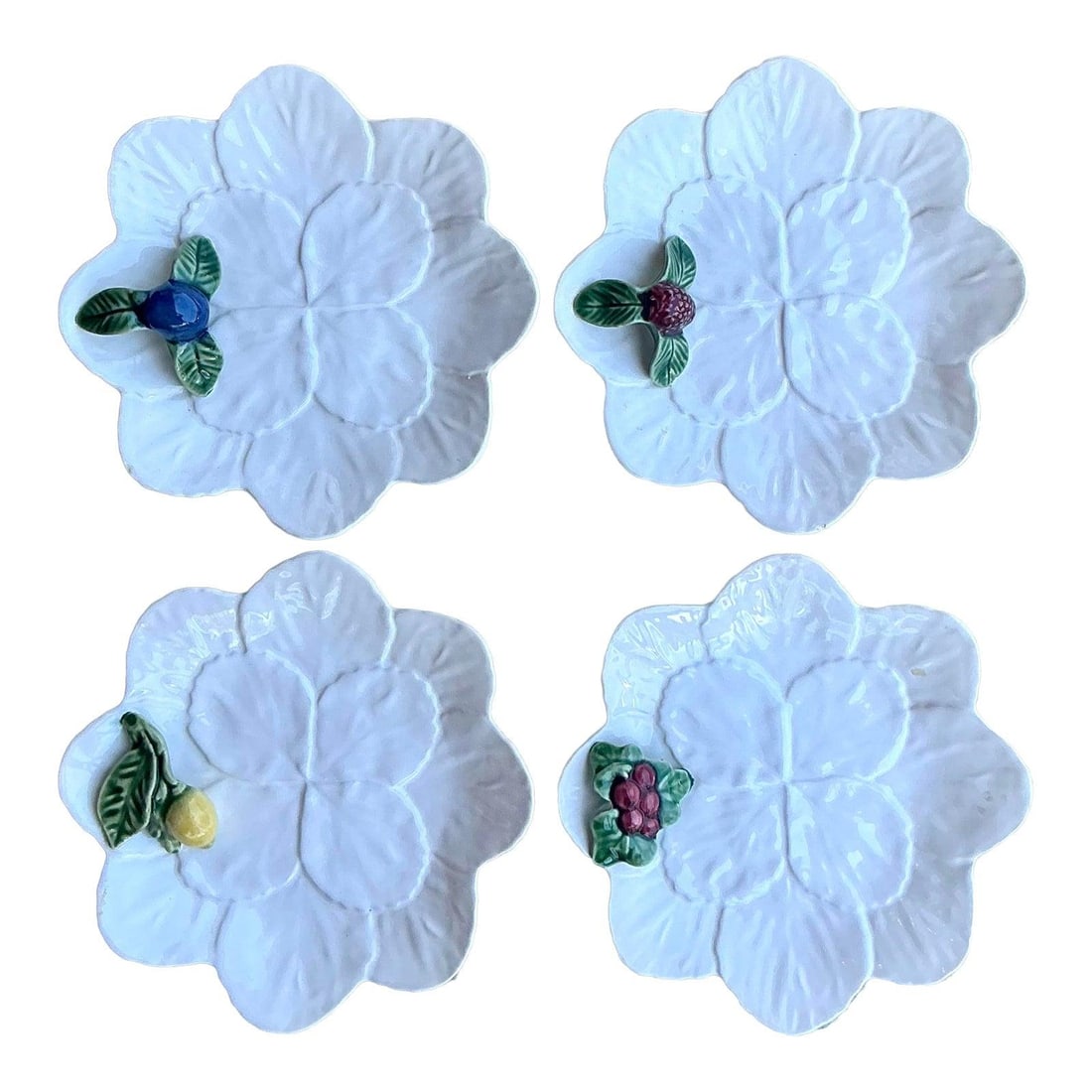 Bordallo Pinheiro Vintage Appetizer Plates Set of 4 with Fruit Accents: Bordallo Pinheiro Vintage Appetizer Plates Set of 4 with Fruit Accents Serve your appetizers in style with this charming set of four vintage appetizer plates from the renowned Portuguese ceramic maker