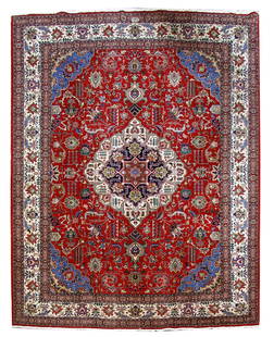 Handmade Red Persian Tabriz Rug 9'8 x 12'6 Artisan Crafted: Handmade Red Persian Tabriz Rug 9'8 x 12'6 Artisan Crafted Enhance your space with this exquisite Handmade Red Persian Tabriz Rug, meticulously crafted by skilled Persian artisans. Boasting traditiona