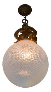 Early 1900s Vintage Bronze Pendant Ceiling Fixture with Etched Opal Globe: Early 1900s Vintage Bronze Pendant Ceiling Fixture with Etched Opal Globe Illuminate your space with this stunning vintage bronze ceiling fixture, featuring an exquisite opal etched globe. Crafted in