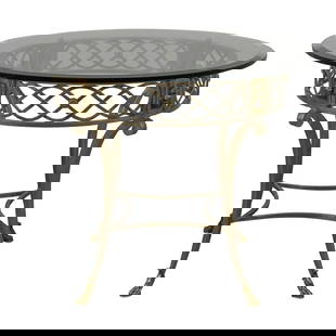 Marge Carson Regency Center Table 36 x 36 Glass Brass Lion Feet: Marge Carson Regency Center Table 36 x 36 Glass Brass Lion Feet This exquisite Marge Carson center table showcases a stunning beveled glass top, supported by a heavy solid steel base adorned with eleg