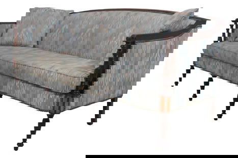 Hickory Chair Co Sheraton Mahogany Sofa Traditional Design: Hickory Chair Co Sheraton Mahogany Sofa Traditional Design This elegant Sheraton-style sofa showcases high-quality construction with a rich mahogany finish. Approximately 30 years old, it features a t