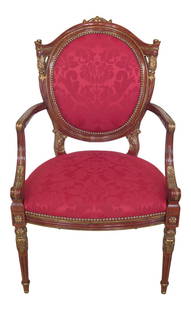 Louis XV Style Carved Mahogany Arm Chair Red Damask Gold Accents 25x25x45: Louis XV Style Carved Mahogany Arm Chair Red Damask Gold Accents 25x25x45 This exquisite French Louis XV Style Carved Mahogany Arm Chair exhibits impressive craftsmanship with fine carved details and