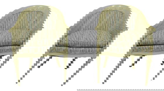 Elegant Pair of French Louis XVI Style Cane Side Armchairs Off White Finish 25 Arm Height: Elegant Pair of French Louis XVI Style Cane Side Armchairs Off White Finish 25 Arm Height This exquisite pair of French Louis XVI style cane side armchairs showcases a charming off-white painted finis