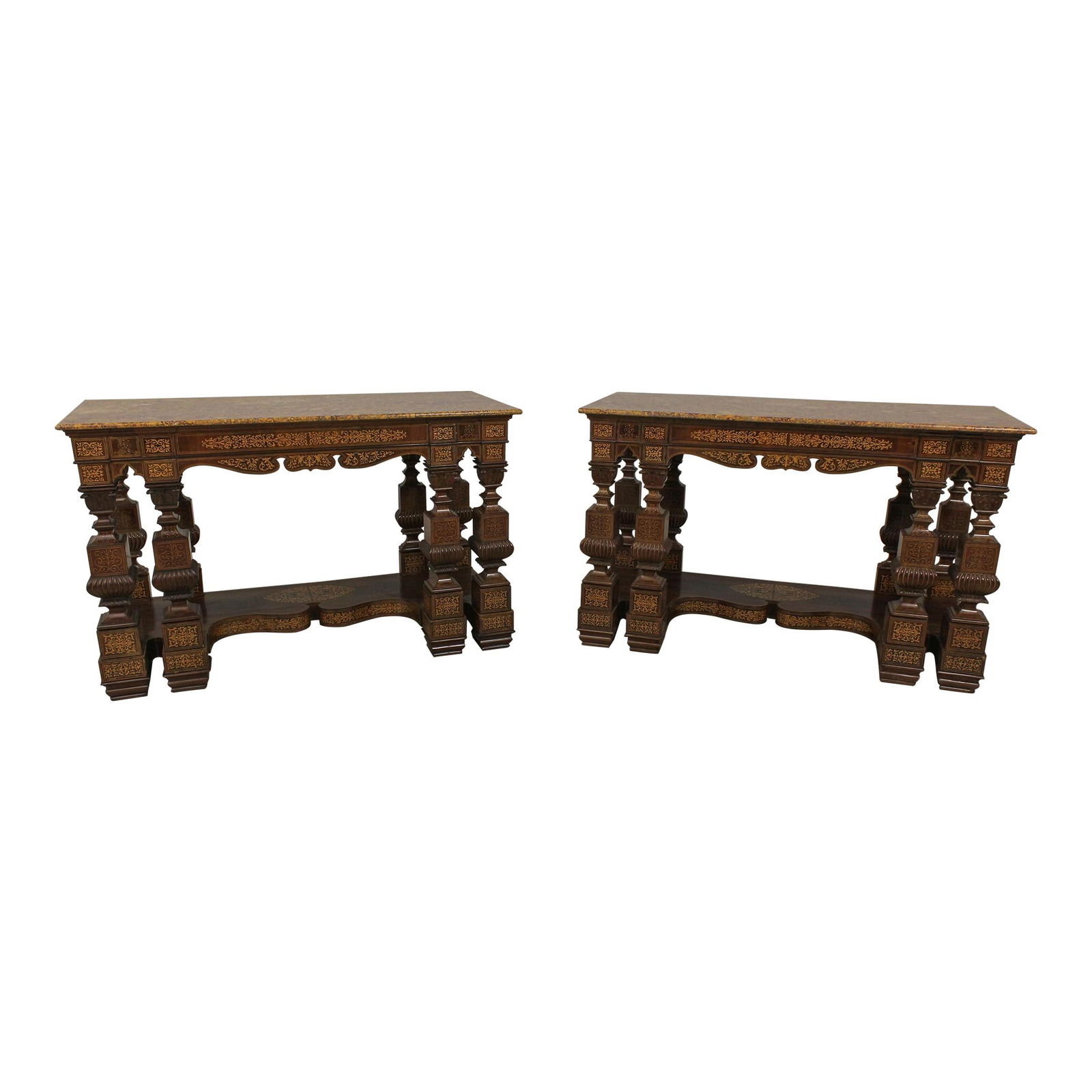 Antique Charles X Console Tables Pair with Inlaid Marble Tops 1820s: Antique Charles X Console Tables Pair with Inlaid Marble Tops 1820s This pair of Antique Charles X Console Tables, dating back to the 1820s, showcases exquisite craftsmanship with finely inlaid marble