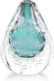 John-Richard Azure Blue Hand-Blown Art Glass Vase 9H 6W 4D: John-Richard Azure Blue Hand-Blown Art Glass Vase 9H 6W 4D This exquisite John-Richard Azure Glass Vase showcases a stunning hand-blown art glass design in a captivating azure blue finish. With an org