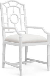 Chloe Armchair: Linen Cushion Mahogany, Eggshell White Finish: Chloe Armchair: Linen Cushion Mahogany, Eggshell White Finish Introducing the elegant Chloe Armchair, designed in a faux bamboo Chinoiserie style. This sophisticated armchair features a striking eggsh