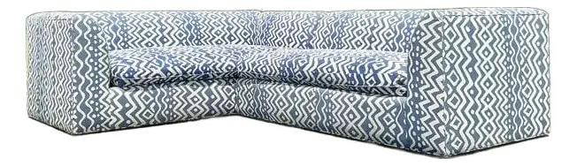 Vintage Custom Sectional Sofa Quadrille Deauville Fabric Blue: Vintage Custom Sectional Sofa Quadrille Deauville Fabric Blue Elevate your living space with this extraordinary vintage custom sectional sofa, expertly upholstered in the iconic "Deauville" fabric by