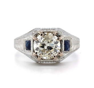 Art Deco 1.80ct GIA Diamond Ring 18k White Gold with Lab-Created Sapphires: Art Deco 1.80ct GIA Diamond Ring 18k White Gold with Lab-Created Sapphires This exquisite Men's 1.80ct Diamond GIA 18k White Gold Ring showcases a stunning European cut diamond, certified by GIA (repo