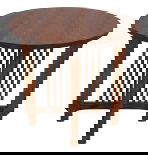Mission Style Round Oak Occasional Table Stickley Inspired: Mission Style Round Oak Occasional Table Stickley Inspired This Mission Style Oak Round Occasional Table showcases exceptional craftsmanship reminiscent of Stickley designs, featuring high-quality con