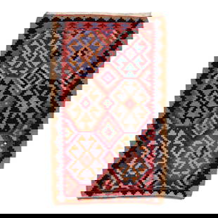 Vintage Turkish Kilim Wool Rug 4'2" x 7' Multicolor Geometric Design: Vintage Turkish Kilim Wool Rug 4'2" x 7' Multicolor Geometric Design Beautiful vintage Turkish Kilim hand-knotted wool rug with a red field. This piece has a black frame and multicolor accents in an a