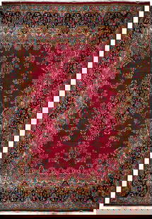 9.7' x 13' Maroon Semi-Antique Persian Kerman Sarouk Area Rug: 9.7' x 13' Maroon Semi-Antique Persian Kerman Sarouk Area Rug Elevate your space with the timeless elegance of this 9.7' x 13' Maroon Semi-Antique Persian Kerman Sarouk Rug. Handcrafted by skilled art