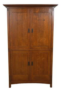 Stickley Mission Oak Armoire Cabinet Arts & Crafts Style Oak: Stickley Mission Oak Armoire Cabinet Arts & Crafts Style Oak This Stickley Mission Oak Bedroom Armoire Cabinet showcases a timeless Arts & Crafts style, exuding quality craftsmanship. Constructed from