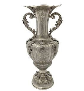 Ornate 925 Sterling Silver Handmade Flower Vase 17.75 Inches: Ornate 925 Sterling Silver Handmade Flower Vase 17.75 Inches This exquisite flower vase is crafted from fine 925 sterling silver, showcasing a beautiful combination of handmade swirl chased leaf appli