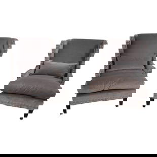 Elegant Pair of Upholstered Wing Chairs Silver Trim 36x36x44.5: Elegant Pair of Upholstered Wing Chairs Silver Trim 36x36x44.5 This pair of large modern design upholstered wing chairs is a perfect blend of style and comfort. Approximately 15 years old, these chair