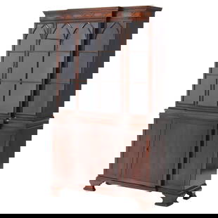 Gothic Revival Flame Mahogany Step Back China Cabinet c1930: Gothic Revival Flame Mahogany Step Back China Cabinet c1930 This exquisite Antique Gothic Revival Flame Mahogany Step Back China Cabinet, dating back to c1930, showcases a stunning Gothic style with e