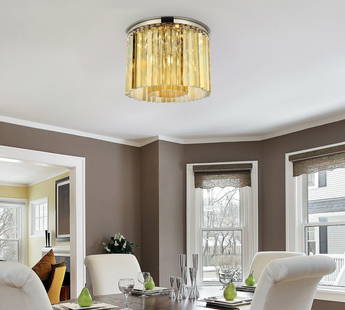 Sydney 6 Light Flush Mount Chandelier Polished Nickel Golden Teak Crystals: Sydney 6 Light Flush Mount Chandelier Polished Nickel Golden Teak Crystals Elevate your living space with this stunning Flush Mount 6 Light Fixture, featuring a polished nickel frame adorned with exqu