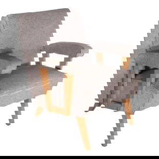 Mid Century Lounge Club Chair Gray Vinyl Oak Frame 31.75H: Mid Century Lounge Club Chair Gray Vinyl Oak Frame 31.75H Discover a stunning Mid Century lounge club chair that embodies the elegance of the 1950s. This American piece showcases its original textured