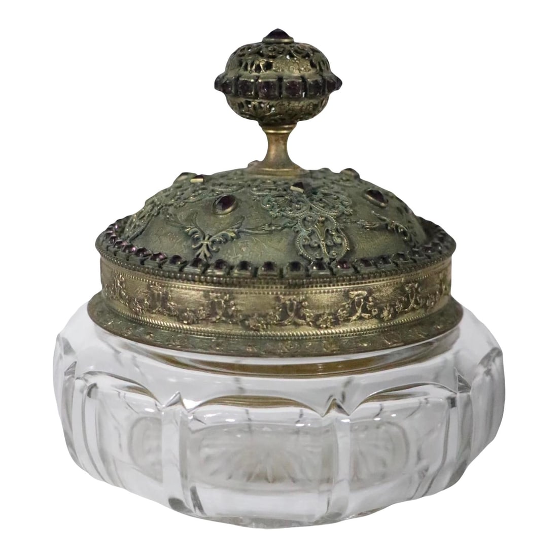 Art Deco E & JB Empire Art Powder Jar 1920's Brass Glass 5x6: Art Deco E & JB Empire Art Powder Jar 1920's Brass Glass 5x6 Glamorous powder jar made by E & JB Empire Art, circa 1920's. The piece has a transparent glass body, with intricately decorated brass top,