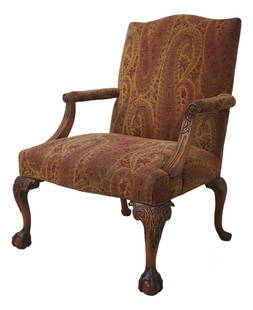 Baker Attributed Chippendale Library Chair with Damask Upholstery: Baker Attributed Chippendale Library Chair with Damask Upholstery This exquisite Baker Attributed Ball & Claw Upholstered Library Chair features a classic Chippendale style with an elegant damask prin