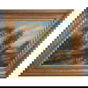 Artist Signed Gold Framed Landscape Oil Painting 33x29: Artist Signed Gold Framed Landscape Oil Painting 33x29 This exquisite landscape oil painting on canvas showcases quality craftsmanship and a stunning aesthetic. The artwork is beautifully hand-painted