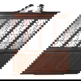 Inlaid Mahogany Large Breakfront Bookcase: Inlaid Mahogany Large Breakfront Bookcase This impressive Hickory White breakfront bookcase, part of the American Masterpiece Collection, showcases exquisite craftsmanship and elegant design. Featurin