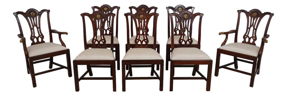 8 Maitland Smith Chippendale Mahogany Dining Chairs with Brass Accents: 8 Maitland Smith Chippendale Mahogany Dining Chairs with Brass Accents Enhance your dining experience with this exquisite set of 8 Maitland Smith Chippendale dining room chairs, crafted from high-qual