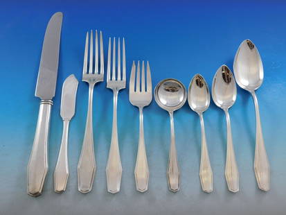 Alvin Hampton Sterling Silver Flatware Set for 12, 116 Pieces, Art Deco: Alvin Hampton Sterling Silver Flatware Set for 12, 116 Pieces, Art Deco Introducing the Hampton by Alvin Sterling Silver Flatware Set, a stunning collection designed for elegant dining. This exquisite