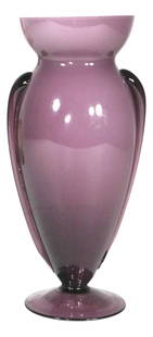 Mid Century Purple Art Glass Vase Teardrop Shape Japan: Mid Century Purple Art Glass Vase Teardrop Shape Japan This exquisite Mid Century art glass vase features a graceful teardrop shape crafted from cased purple and white glass. The vase showcases applie