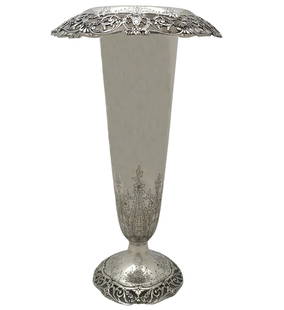 Gorham 20th Century 925 Sterling Silver Floral Pierced Vase 17.25": Gorham 20th Century 925 Sterling Silver Floral Pierced Vase 17.25" Discover the elegance of this Antique 20th Century Gorham 925 Sterling Silver Handmade Floral Pierced Vase. Crafted from high-quality