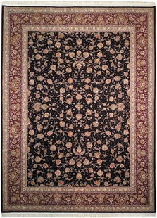 Handmade 8'10 x 12' Black Burgundy Wool Silk Tabriz Rug 200 KPSI: Handmade 8'10 x 12' Black Burgundy Wool Silk Tabriz Rug 200 KPSI Elevate your home decor with this exquisite 8' 10" x 12' fine-quality rug, a stunning blend of high-quality wool and silk. This masterp