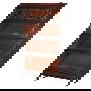 Antique Globe Wernicke Arts and Crafts Oak Four Stack Bookcase C1920 with Leaded Glass: Antique Globe Wernicke Arts and Crafts Oak Four Stack Bookcase C1920 with Leaded Glass This Antique Globe Wernicke Arts & Crafts Oak Four Stack Barrister Bookcase, crafted circa 1920, showcases the el